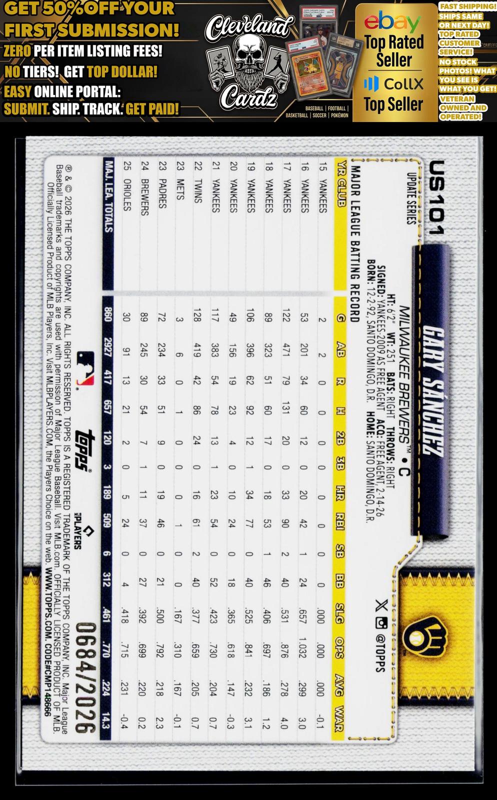 2026 Topps Update #US101 Gary Sánchez Gold #/2026