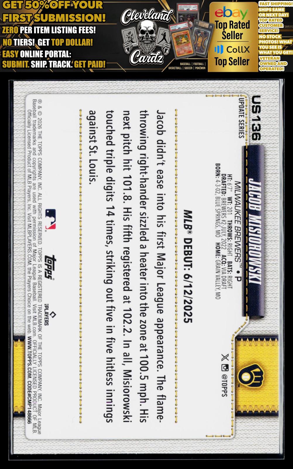 2026 Topps Update #US136 Jacob Misiorowski