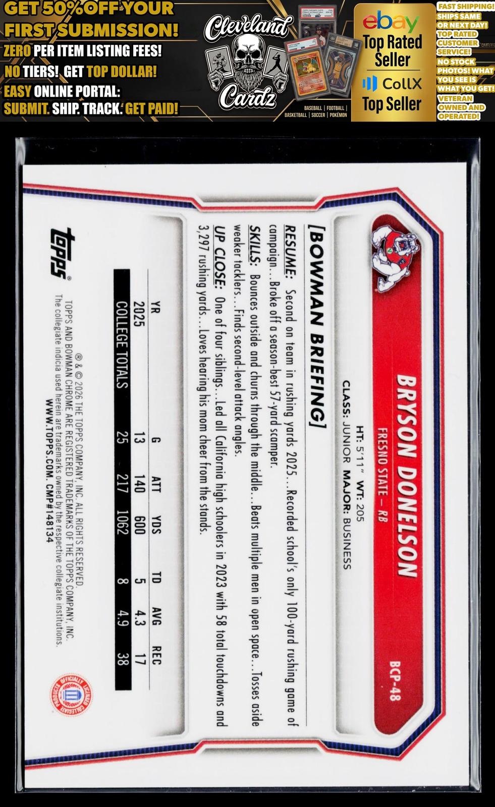 2026 Bowman #BCP-48 Bryson Donelson Prospects Blue Reptilian Refractor #/150