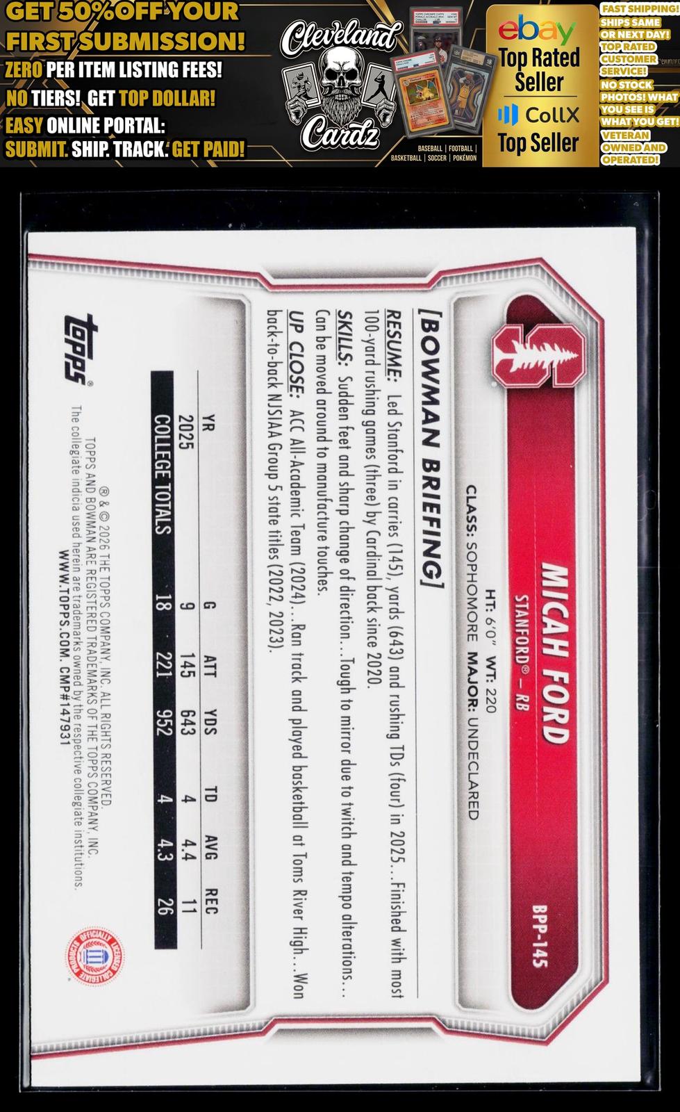 2026 Bowman #BPP-145 Micah Ford Prospects Yellow #/275